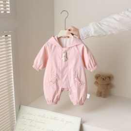 女童春秋外出连身衣婴幼儿超可爱兔子耳朵装饰抱服休闲爬爬服哈衣
