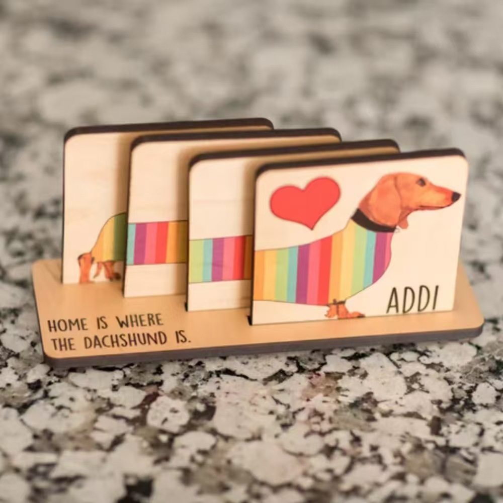 Posavasos de madera creativo Dachshund, diseño de arcoíris y perro salchicha, montaña rusa