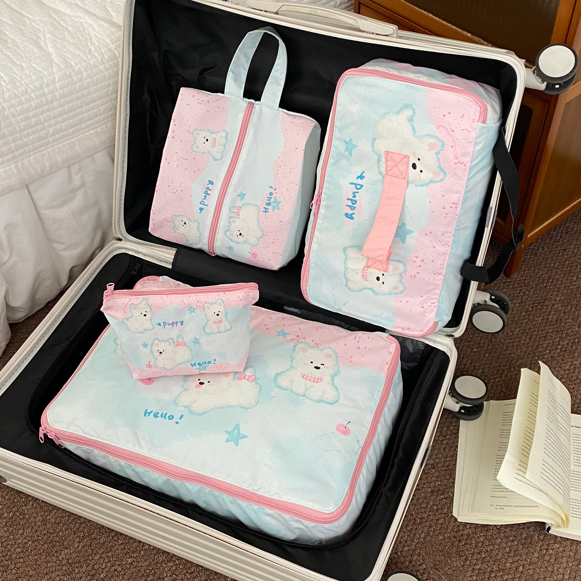 Cute Puppy Storage Bag Travel Four-Piece Set Large Capacity Suitcase Clothing Sorting Bag Portable Organizing Storage Bag