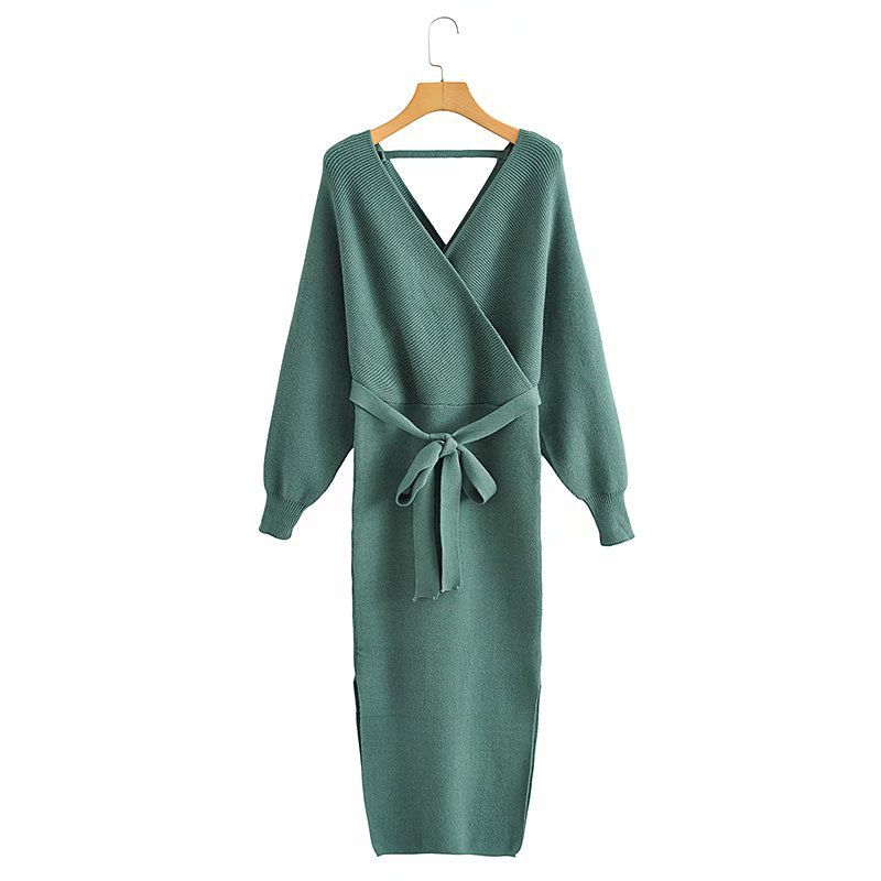 autumn V-neck mid-length split knitted dress nihaostyles wholesale clothing NSAM82521