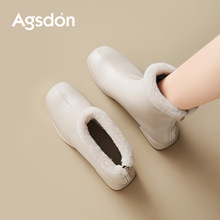 奥古狮登白色短靴女2025新款冬季加绒加厚棉靴方头法式粗跟瘦瘦靴