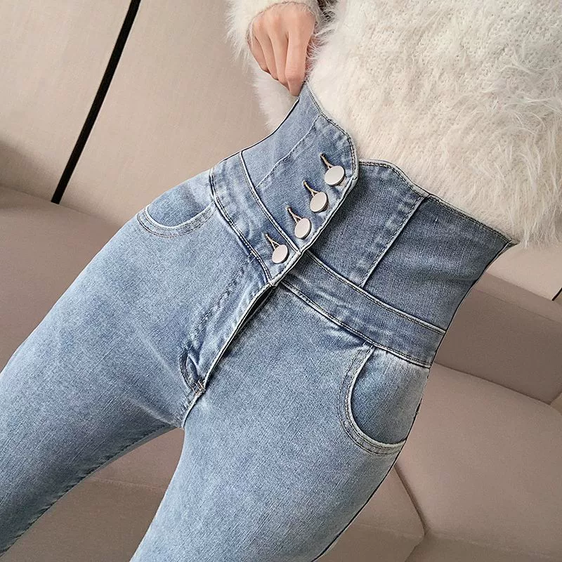 Светло-голубые джинсы с супер высокой талией женские осенние и зимние новые эластичные обтягивающие и бархатные брюки-карандаш