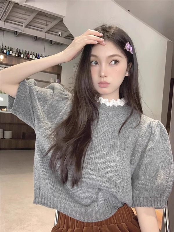蕾丝边半高领针织衫女设计感小众春秋泡泡袖纯欲上衣内搭短袖毛衣|undefined