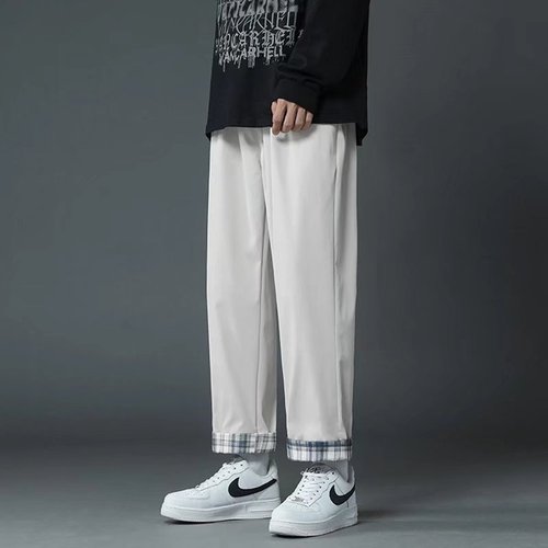 Men's Hong Kong Style Ins Trendy Checkered Folded Straight Leg Nine-Foot Pants Spring and Summer Student Loose Cool Casual Pants
