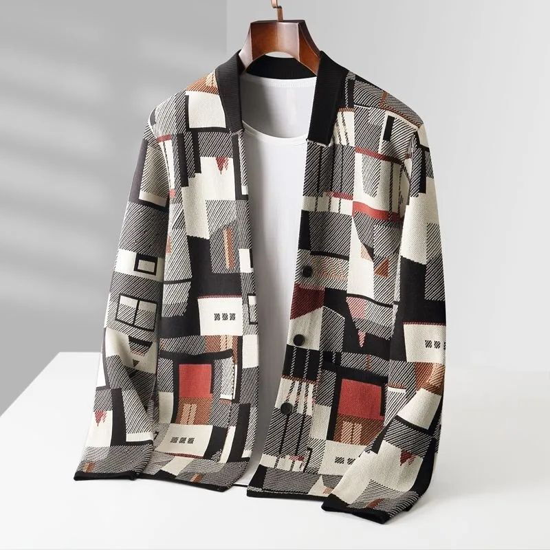 Niche Design Geometric Oil Painting Camouflage Top Men's Jacket Autumn and Winter Outer Wear Cardigan Knitwear Loose