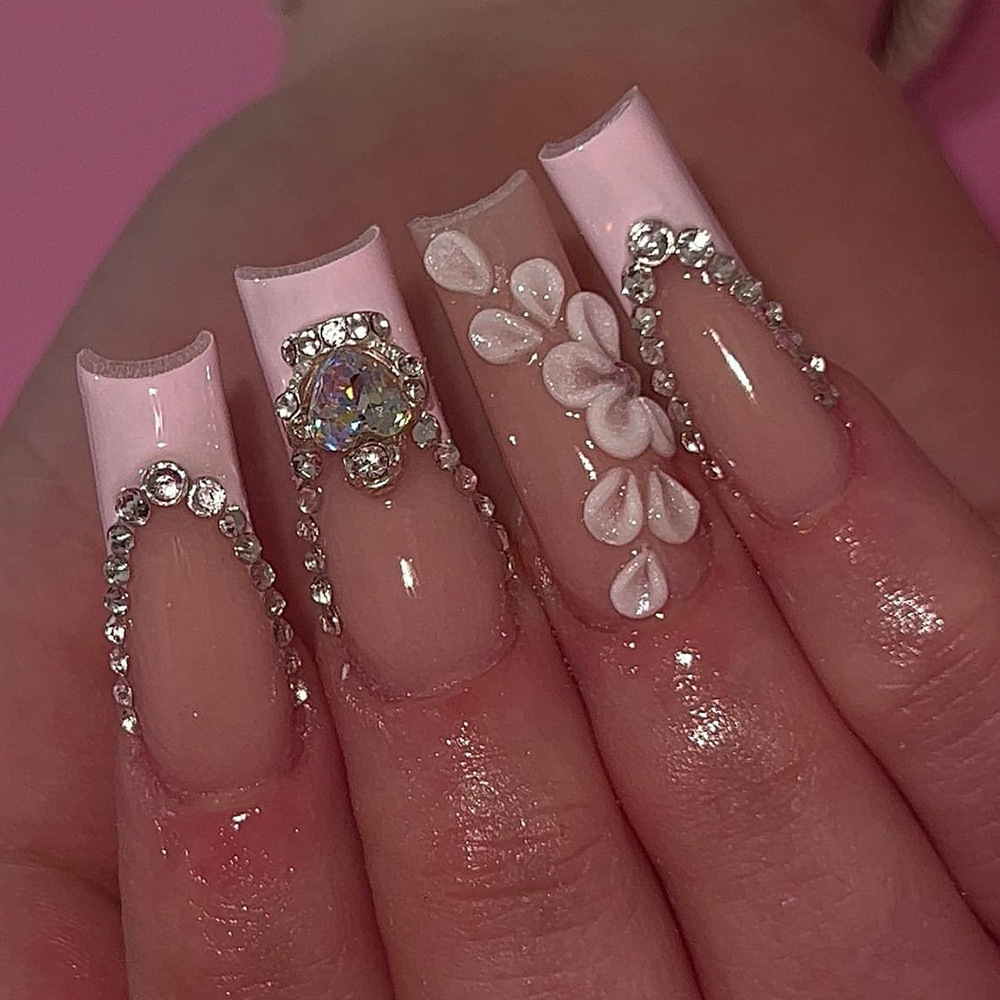 Impresión europea y americana larga T rhinestone usando uñas de uñas desmontable moda temperamento falso parche de uñas terminadas