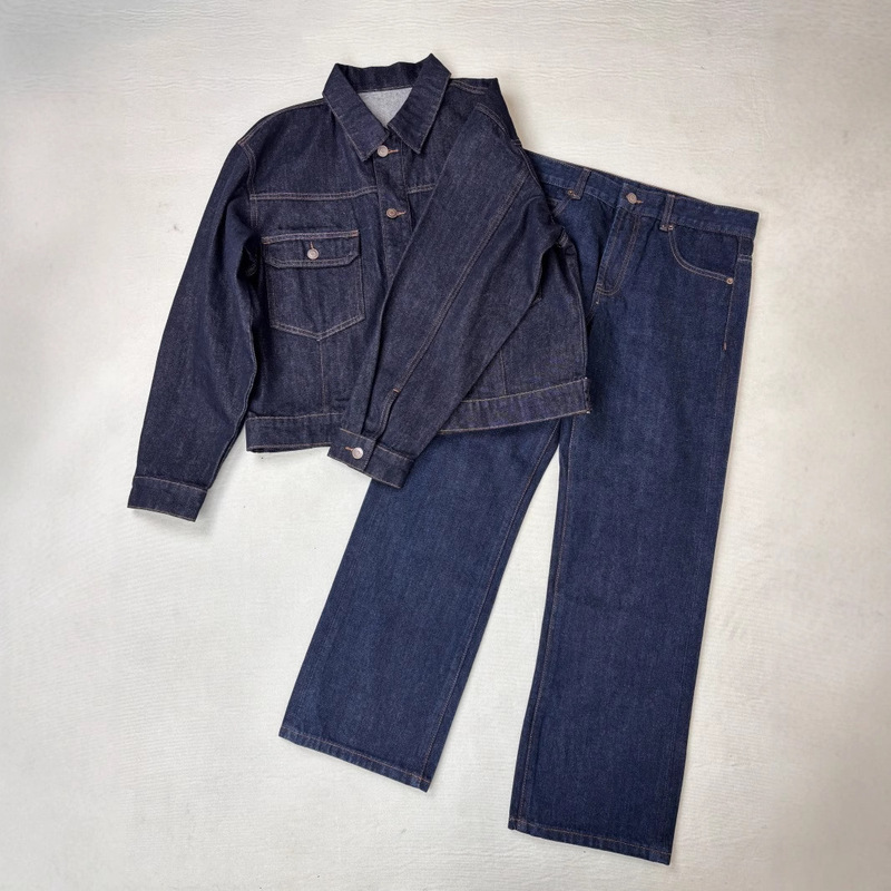 Women's foreign trade ToW dark blue details with retro Denim jacket waist fashion simple jeans suit
