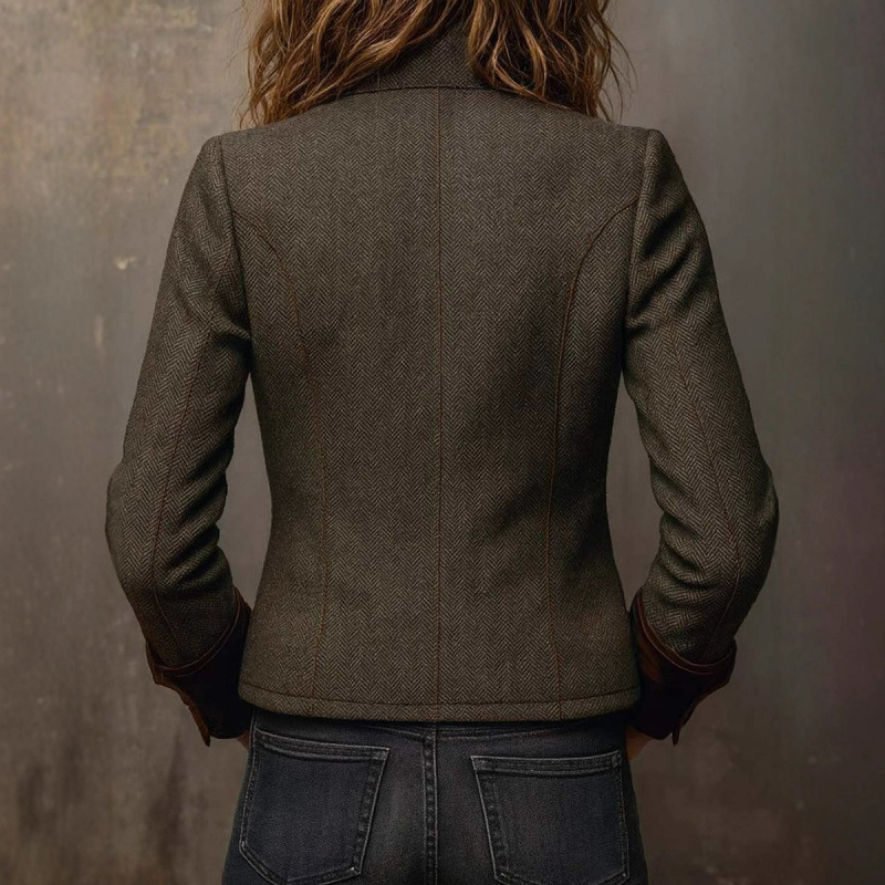 European and American cross-border autumn and winter vintage herringbone tweed blazer with velvet trim European and American cross-border autumn and winter vintage herringbone tweed blazer with velvet trim