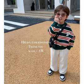 韩国中小童春秋款时髦儿童套装2024秋新款条纹卫衣白色休闲长裤潮