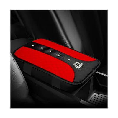 Car armrest box cushion, crown leather studded armrest box pad, armrest cover, three-dimensional quilted embroidery car interior accessory (Armrest box pad) - red