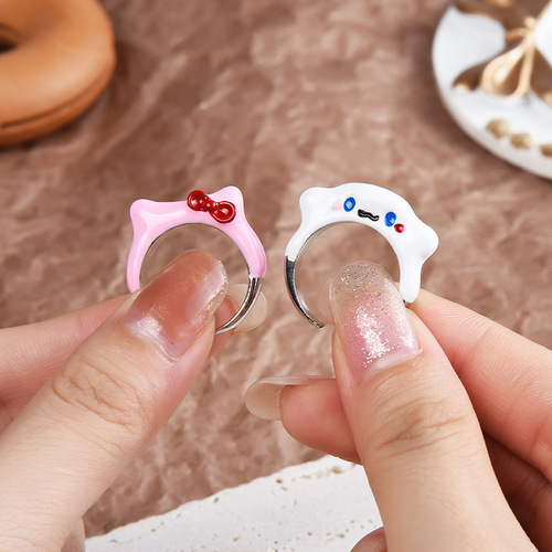New big-eared dog and kitten, ever-changing monster opening, adjustable monster ring with bow, cute cartoon expression ring