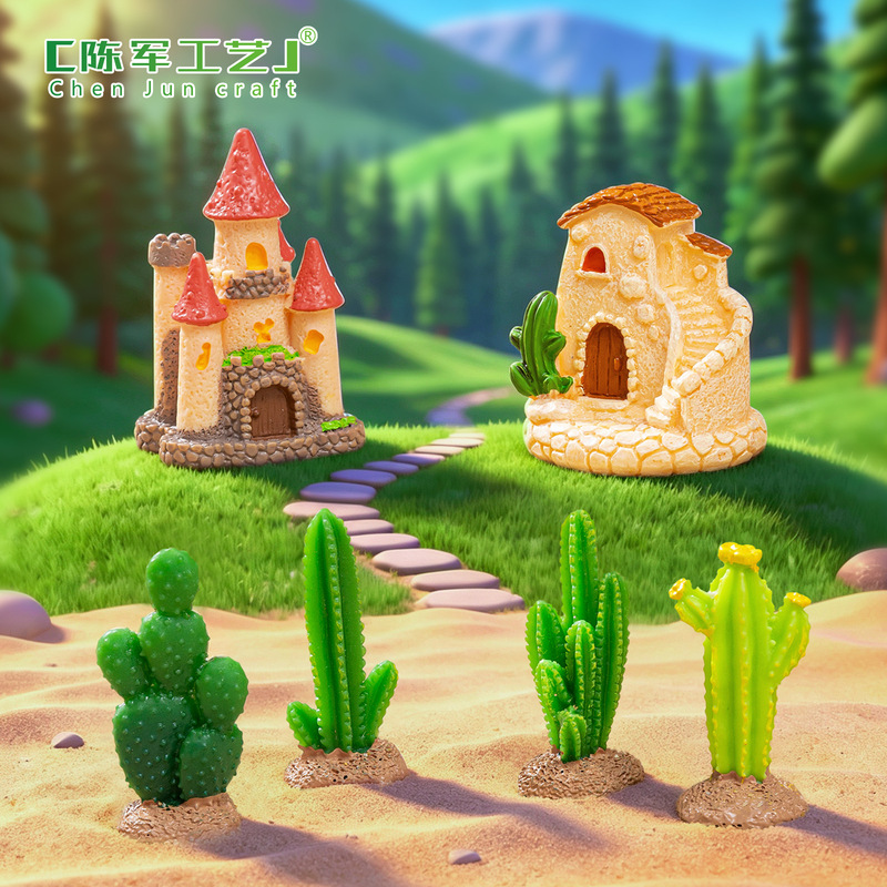 Miniature creative mushroom castle, cactus, succulents, desert landscape DIY decoration accessories, mini ornaments