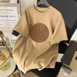 纯棉卡其色短袖t恤女2022年新款夏季宽松绣花体恤半袖上衣服ins潮