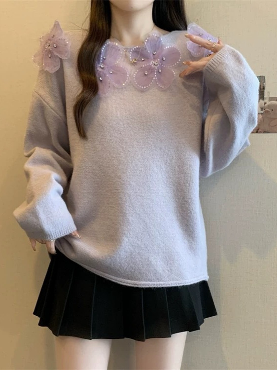 重工花朵钉珠圆领套头毛衣女2025秋冬新款宽松设计感针织衫上衣潮|undefined
