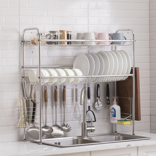 Manufacturer wholesale stainless steel double layer sink rack storage rack drain basket dish rack knife and chopstick rack kitchen kitchenware cross-border