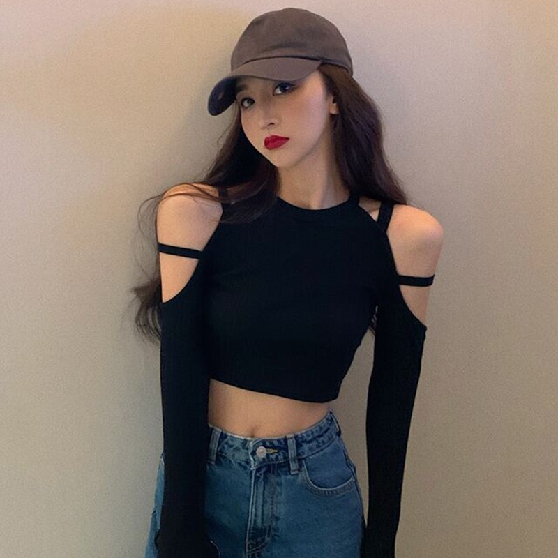 Spice Girls Black Short Tight T-Shirt Women's Autumn Open Shoulder Off Shoulder Sexy High Waist Exhibitive Sexy Long Sleeve Pure Desire Top