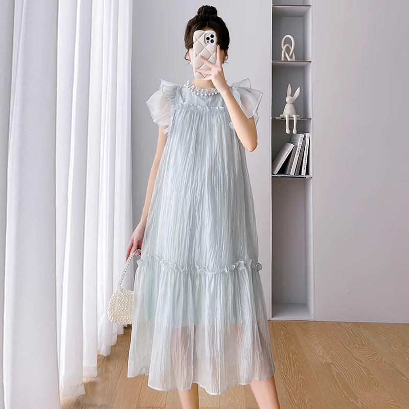 2025 Maternity Wear Summer Tencel Texture Light and Breathable Small Fresh Ruffle Dress Mid-Length Skirt