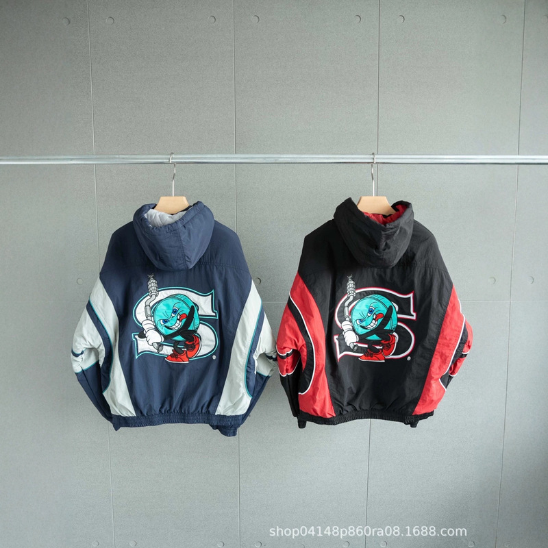 European and American cross-border style, American retro pullover half-zip color-block hooded ski jacket, quilted cotton outerwear, lightweight cotton jacket European and American cross-border style, American retro pullover half-zip color-block hooded ski jacket, quilted cotton outerwear, lightweight cotton jacket