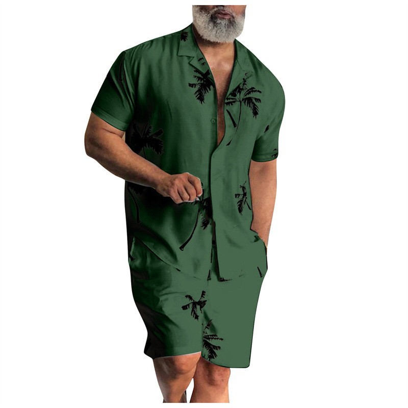 Verano Amazon venta caliente impresión 3D suelta camisa de manga corta traje casual hawaiano estampado de dos piezas para hombre