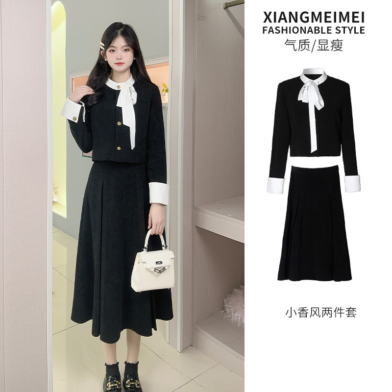 Romantic girl dress autumn retro color bow tie small fragrance blouse top skirt skirt two 6013
