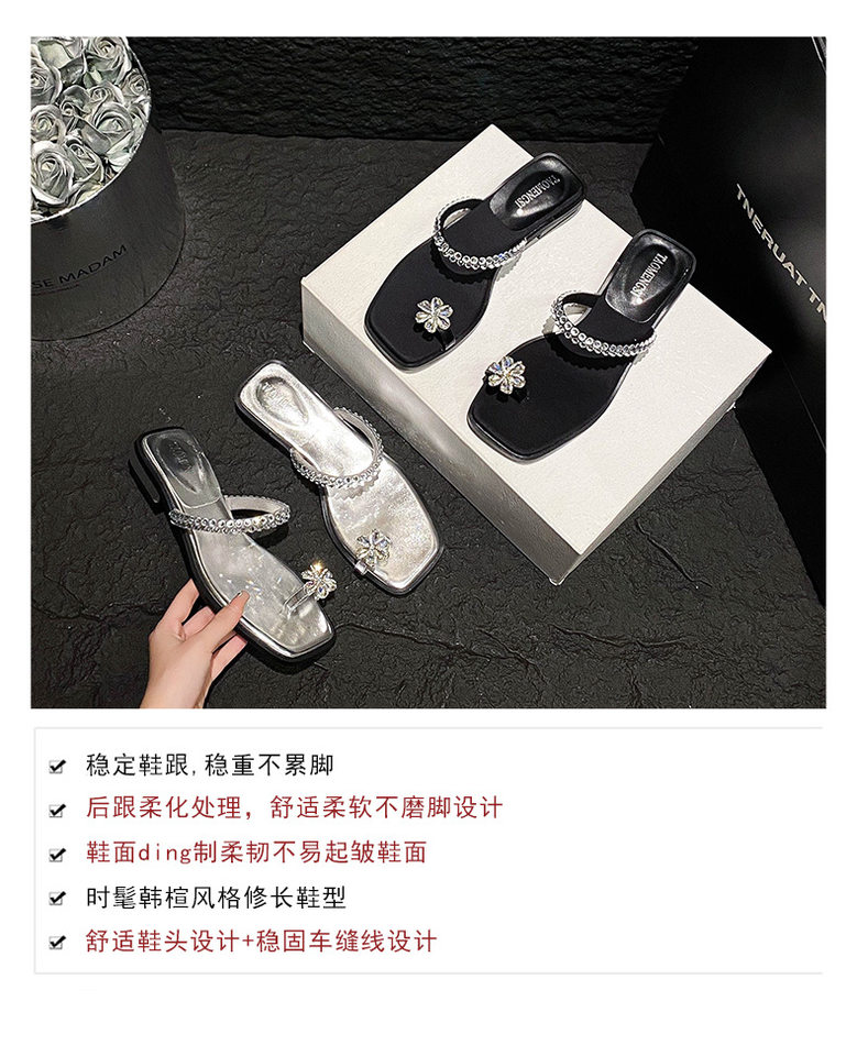 Dép sandal nữ mũi vuông đính đá, quai ngang bít mũi, đế bằng, đi ngoài trời mùa hè — Màu đen chi tiết 8