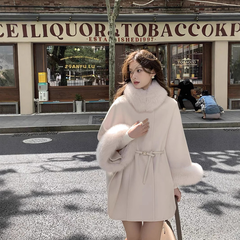 Double-Sided Wool Coat for Women 2025 Autumn and Winter New Style Mid-Length High-End Cape with Fox Fur Collar Woolen Coat