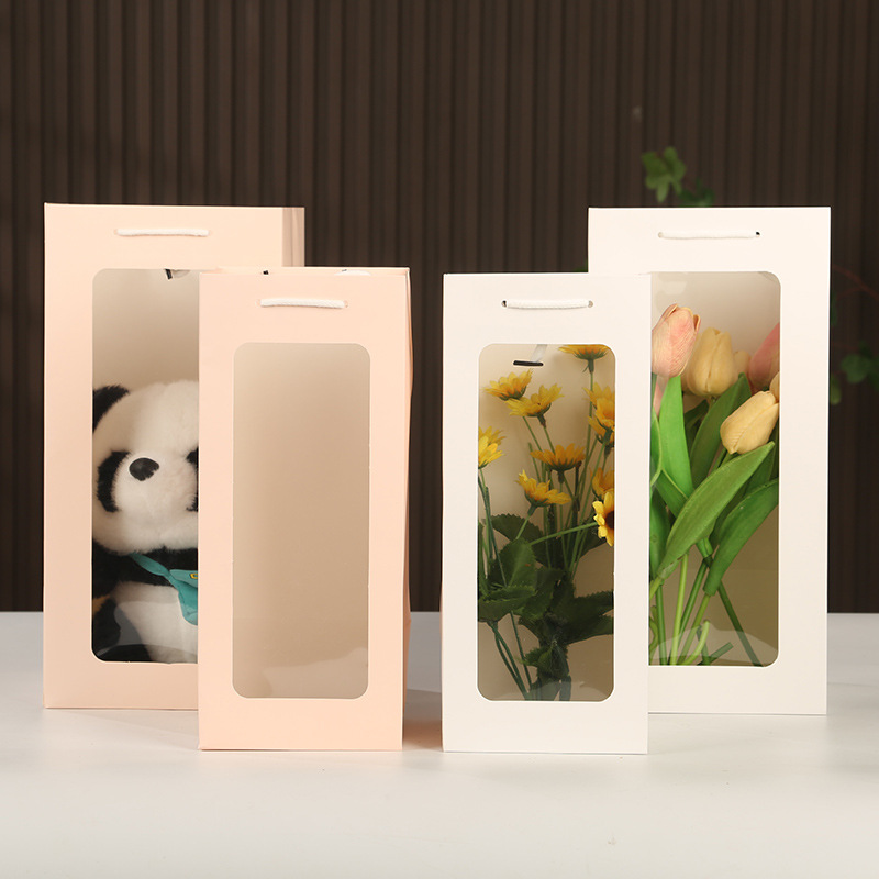 透明开窗方形手提袋女神节小花束橱窗礼品袋 生日毛绒玩偶包装袋