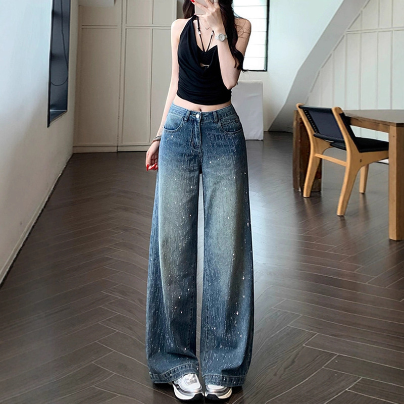 Loose and Slimming Wide-Leg Jeans with Starry Rhinestones for Women, Autumn 2025 New Style, Super Cute Pants for Petite Figures Loose and Slimming Wide-Leg Jeans with Starry Rhinestones for Women, Autumn 2025 New Style, Super Cute Pants for Petite Figures