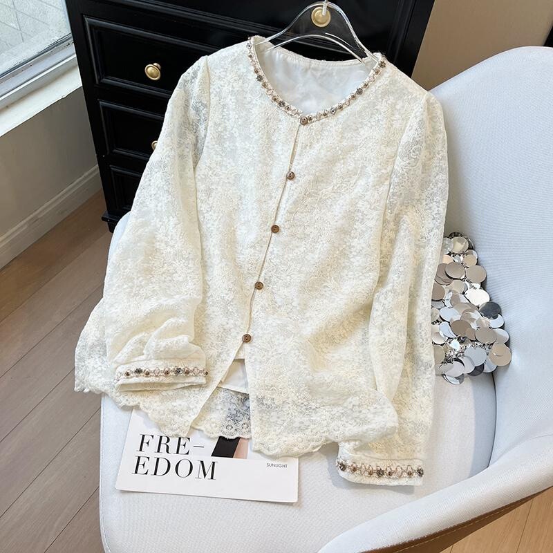 Long-Sleeved Heavy Lace Shirt for Women 2025 Spring New Korean Style Loose and Stylish Age-Reducing Top White Shirt