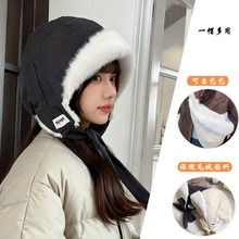 秋冬加绒保暖雷锋帽女高级感韩系户外骑行加厚防寒包包两用包头帽