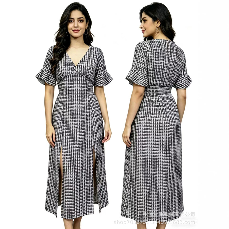 European and American Cross-Over Independent Website Women's Clothing 2025 Spring and Summer V Neck Mid-Length Slit Dress