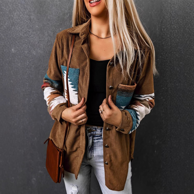 Shiying Autumn and Winter New Aztec Pattern Corduroy Cardigan Jacket for Women European and American Export Mid-Length Jacket for Women