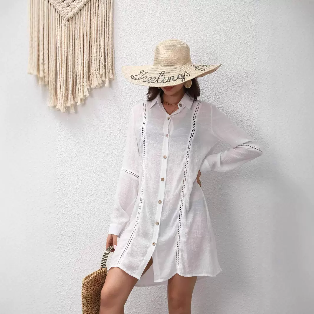 跨境2024夏季新款欧美镂空花边衬衣亚马逊海边度假风比基尼罩衫女