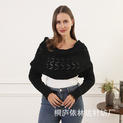 欧美跨境亚马逊围巾秋冬女多用毛衣针织围脖麻花双袖加长镂空披肩