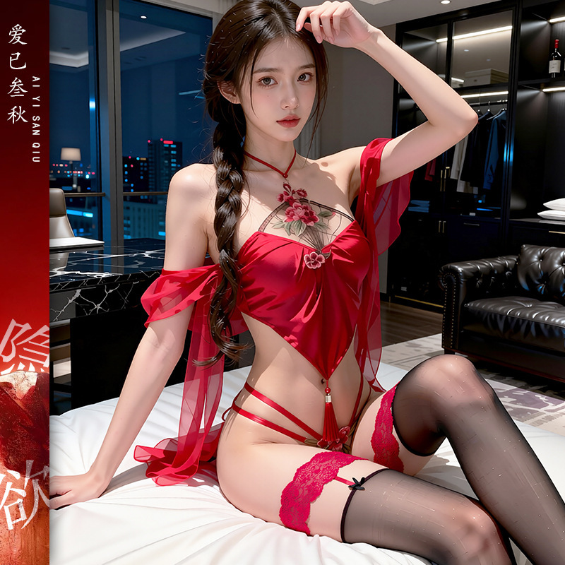 Sexy lingerie with an ancient Chinese style, lace-up hollow-out uniform, COS pure desire embroidered cheongsam, easy-to-wear seductive set Sexy lingerie with an ancient Chinese style, lace-up hollow-out uniform, COS pure desire embroidered cheongsam, easy-to-wear seductive set