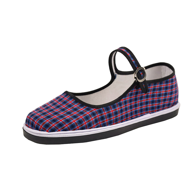 Old Beijing women's square mouth plaid cloth shoes one-line shallow mouth flat bottom handmade cotton cloth shoes thousand-layer bottom process 