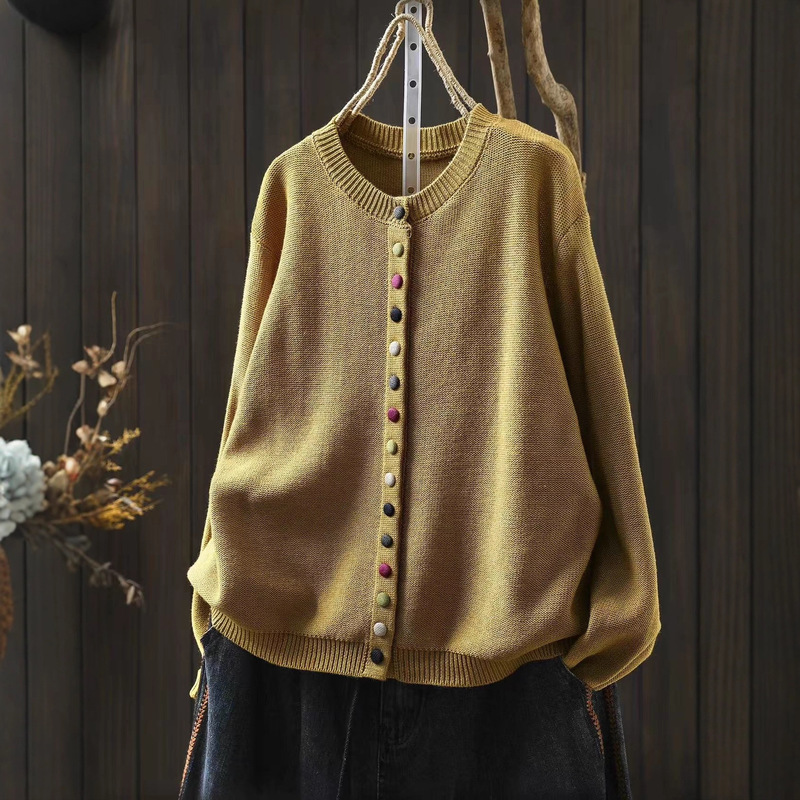 Round Neck Colorfulful Button Knitted Cardigan, Retro Literary Style, Easy to Match for Daily Wear 2586
