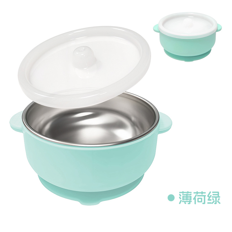 Cuenco de acero inoxidable Amazon 304 con tapa antipolvo Cuenco de silicona para niños con ventosa