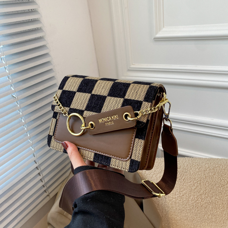 Spring Bag for Women, High-End, Exquisite, Fashionable and Versatile, Checkerboard Plaid Pu Crossbody Bag, Niche Ins Small Square Bag