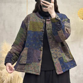 2025年冬季棉麻复古棉服女士开衫印花拼接短款棉衣盘扣棉袄夹棉加