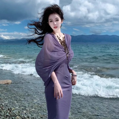 紫色雪纺高级感露背重工不规则连衣裙海边拍照旅游度假沙滩包臀仙