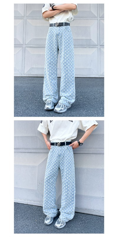 Men's Blue Jacquard Pattern Straight Jeans Flared High Street_voghion.com