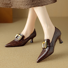 都市丽人~女秋冬新品经典方扣鞋2025气质尖头细跟中跟深口单鞋女