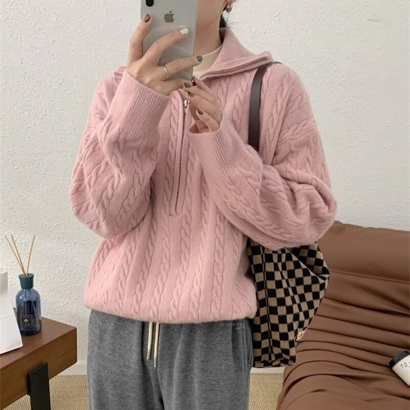 Women's autumn and winter casual pullover sweater with a turn-down collar and half-zip, loose fit, suitable for petite figures Women's autumn and winter casual pullover sweater with a turn-down collar and half-zip, loose fit, suitable for petite figures