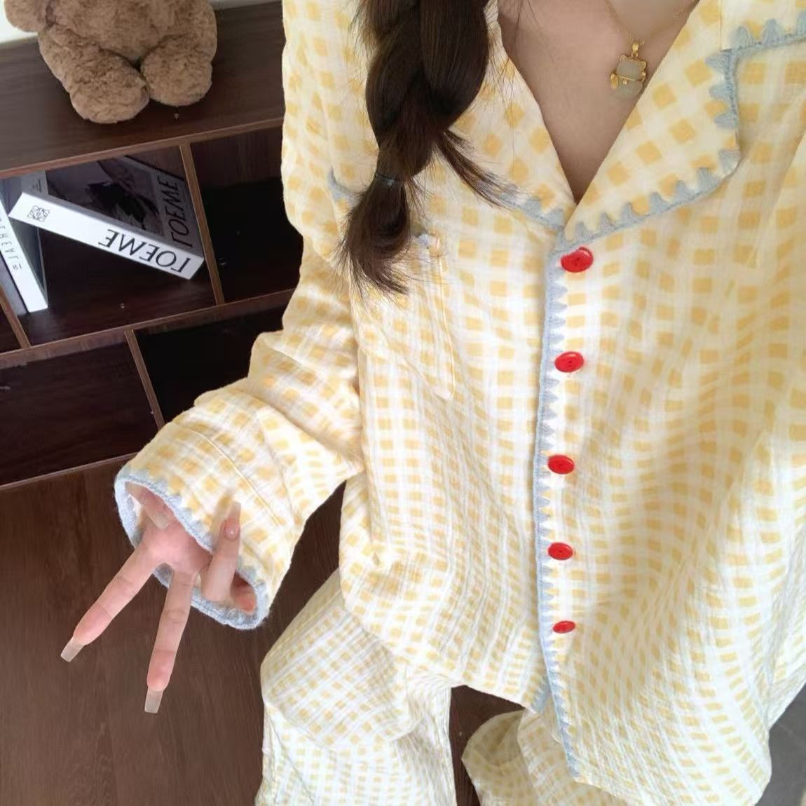 9003 초승달 옐로우 체크 - 구름솜 긴팔 긴바지