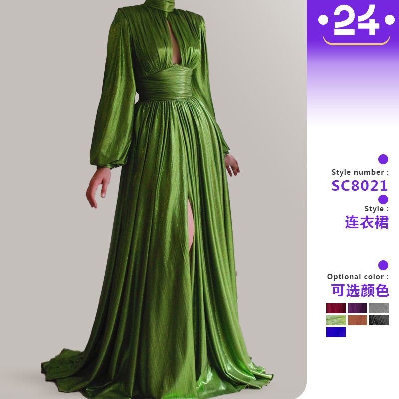 2025跨境春夏季流行色收腰挂脖大摆性感牛油果绿连衣裙色长裙女