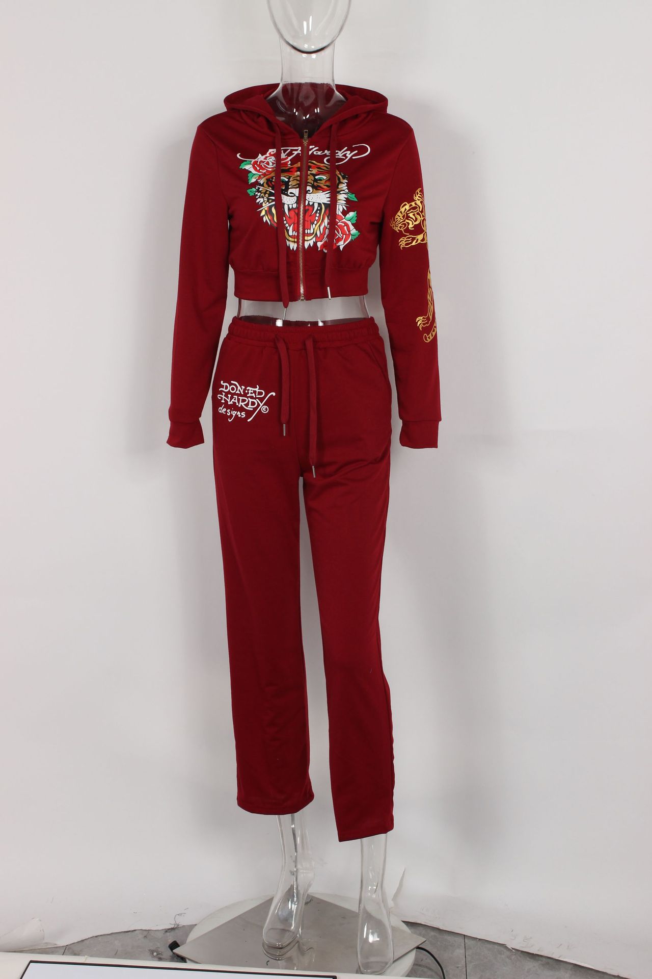 Conjunto de dos piezas para mujer, cárdigan corto básico con cremallera y estampado de calavera y corazón de Brand Street, pantalones rectos de cintura alta