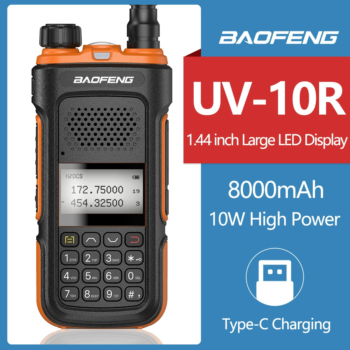 Рация Baofeng BF-UV10R, портативная беспроводная морская радиостанция высокой мощности с разъемом Type-C, улучшенная версия UV-5R 82