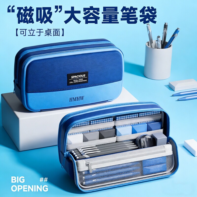 Magnetic Pencil Case, Standable, Dual-Color Explorer Design, Large Capacity Pencil Box, Unique Style, Stain-Resistant Stationery Bag, New Trendy Bag