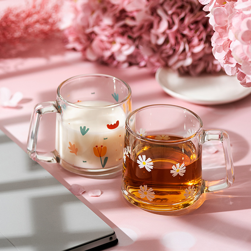 Letter, Flower, Strawberry Pattern Cute Letter Flower Strawberry Glass Water Bottles 1 Piece